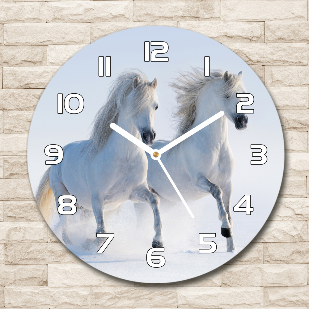 Round wall clock Two horses in the snow