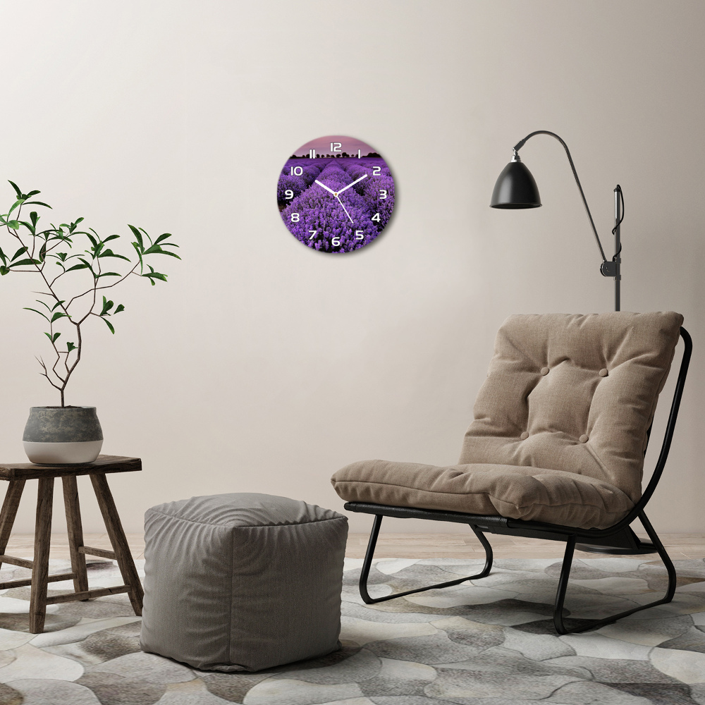 Round glass clock Lavender field