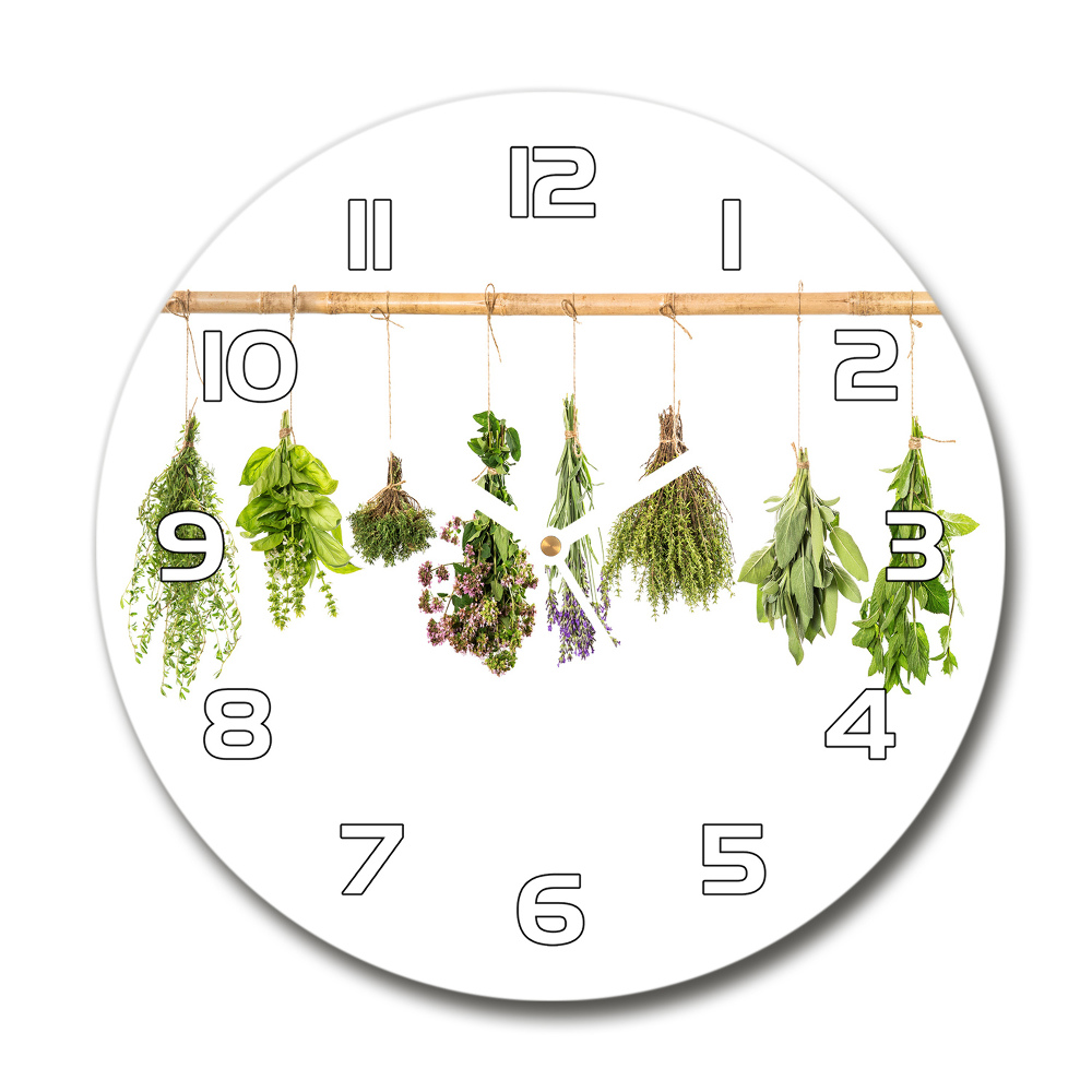 Round glass clock Herbs on a string