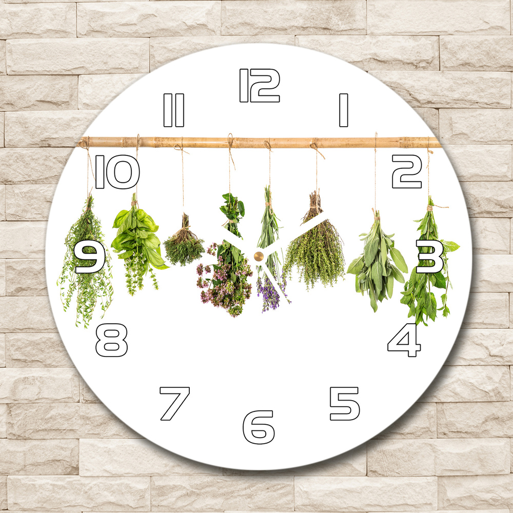 Round glass clock Herbs on a string