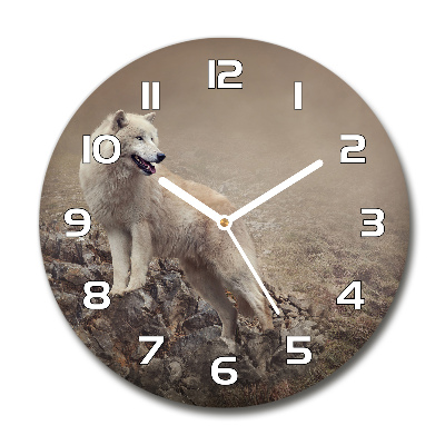 Round wall clock White wolf on the rock