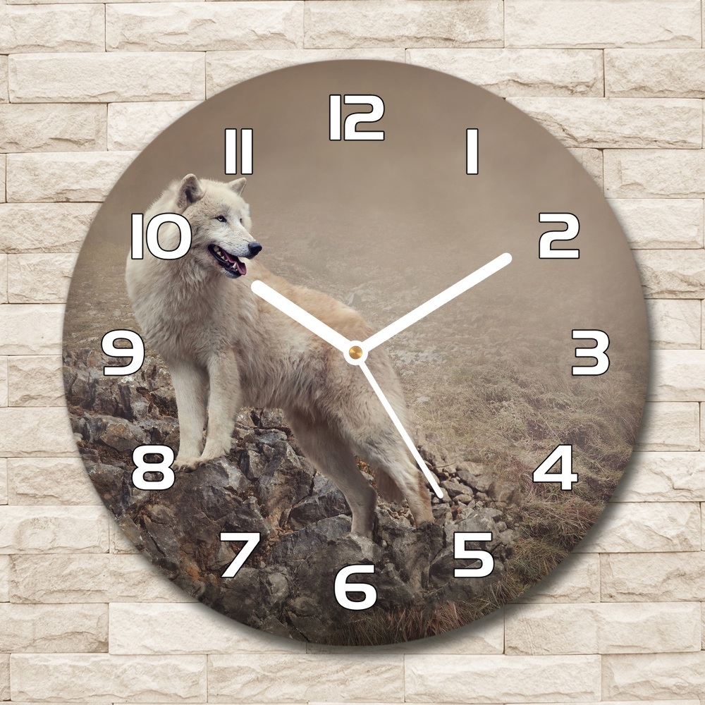 Round wall clock White wolf on the rock