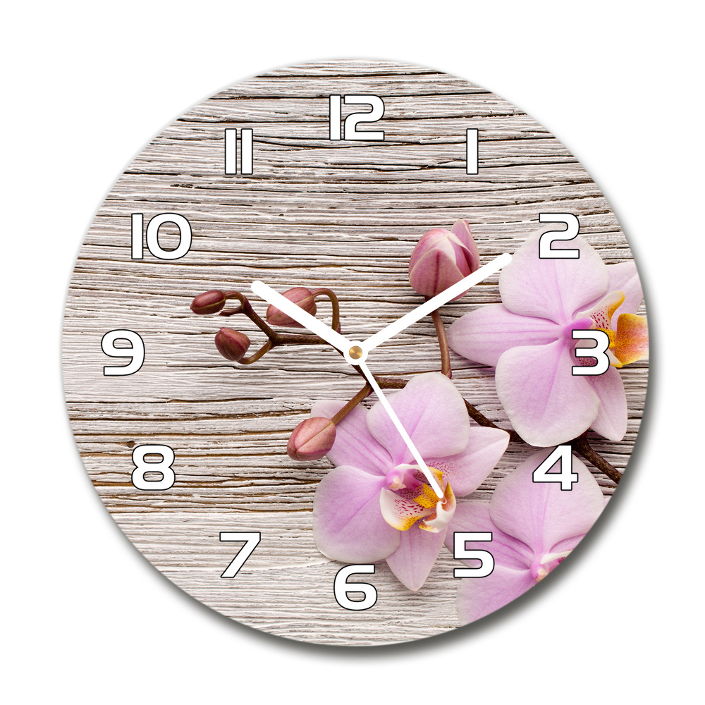 Round wall clock Orchid on wood