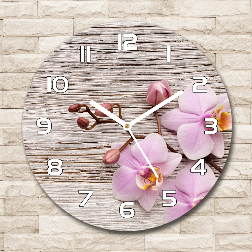 Round wall clock Orchid on wood