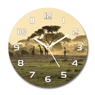 Round wall clock Giraffes in the savanna