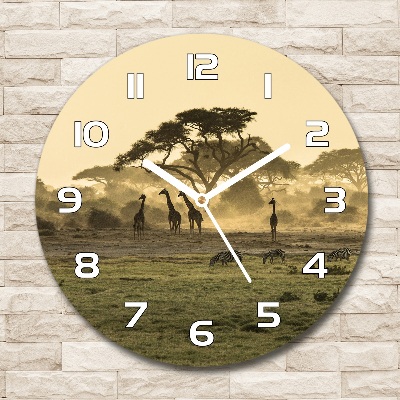 Round wall clock Giraffes in the savanna