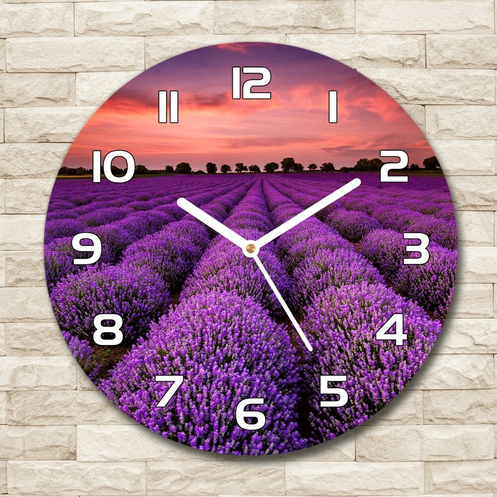 Round glass wall clock Lavender field