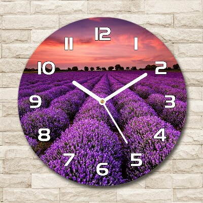 Round glass wall clock Lavender field