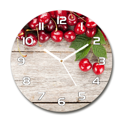 Round glass clock Cherries on wood