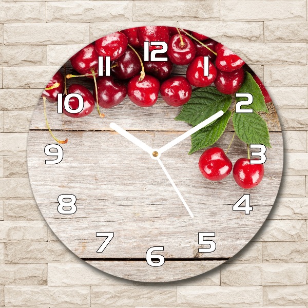 Round glass clock Cherries on wood