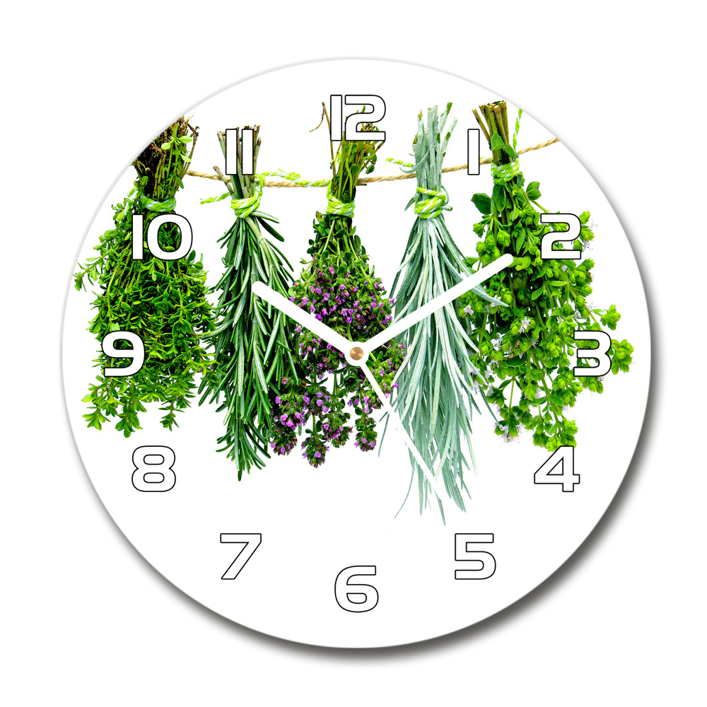 Round glass wall clock Herbs on a string