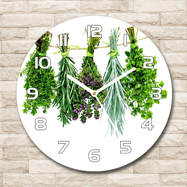 Round glass wall clock Herbs on a string