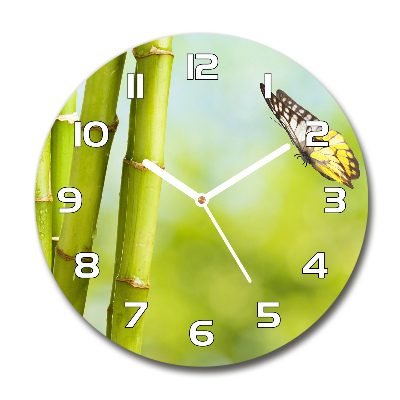 Round glass wall clock Bamboo and butterfly