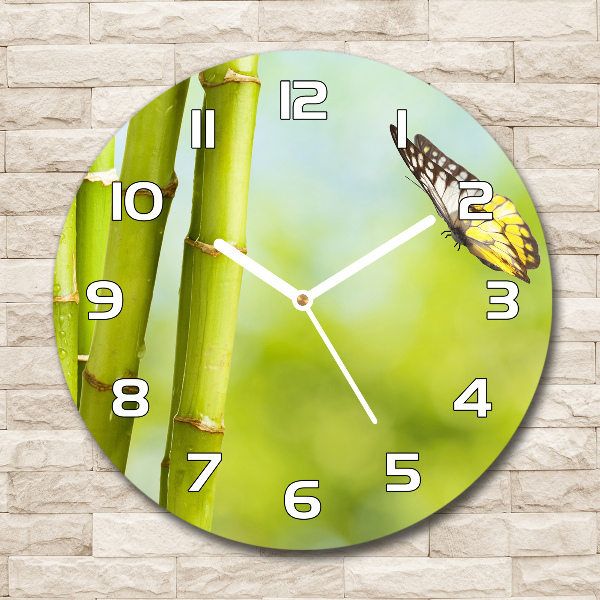 Round glass wall clock Bamboo and butterfly