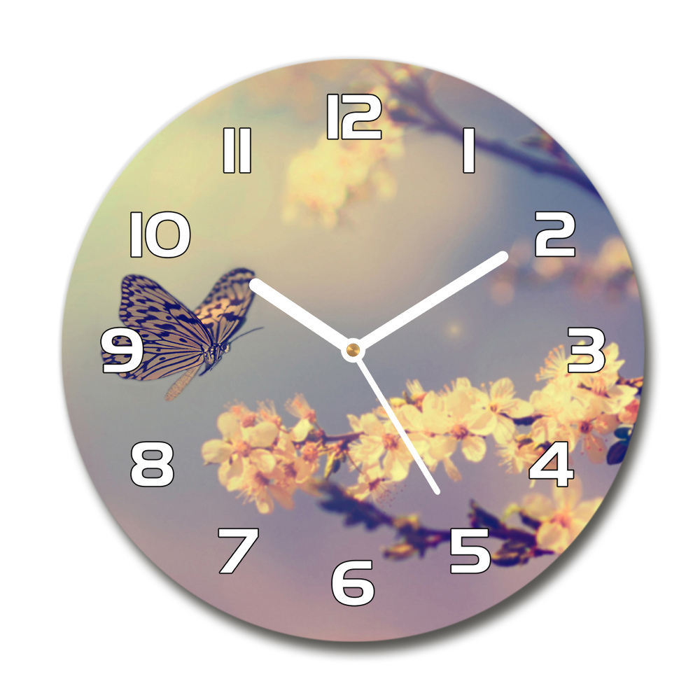 Round wall clock Cherry flower and butterfly