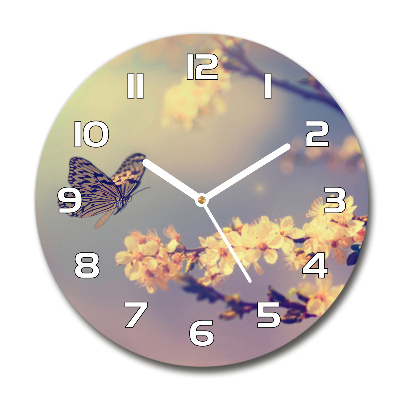 Round wall clock Cherry flower and butterfly