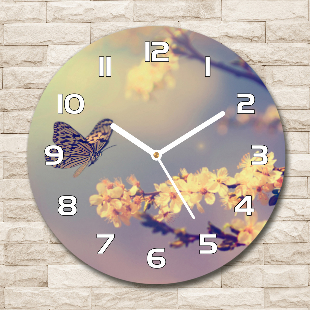 Round wall clock Cherry flower and butterfly