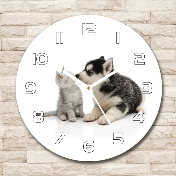 Round clock glass Dog and cat