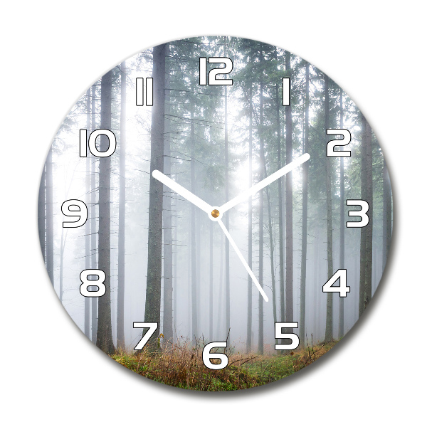 Round glass clock Fog in the forest