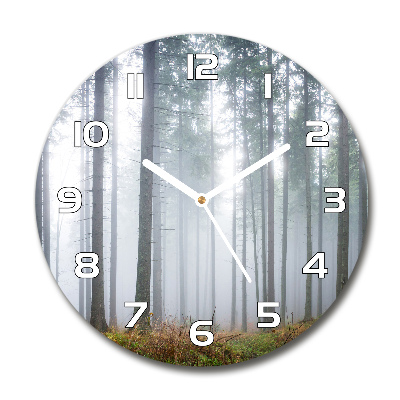 Round glass clock Fog in the forest