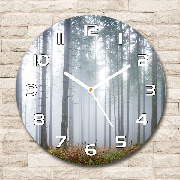 Round glass clock Fog in the forest