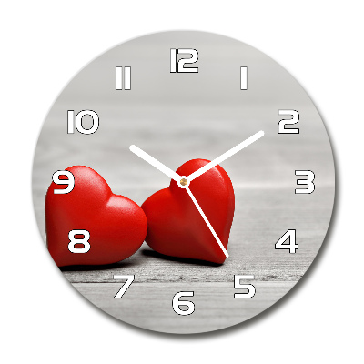 Round glass wall clock Hearts on wood