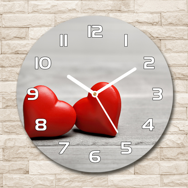 Round glass wall clock Hearts on wood