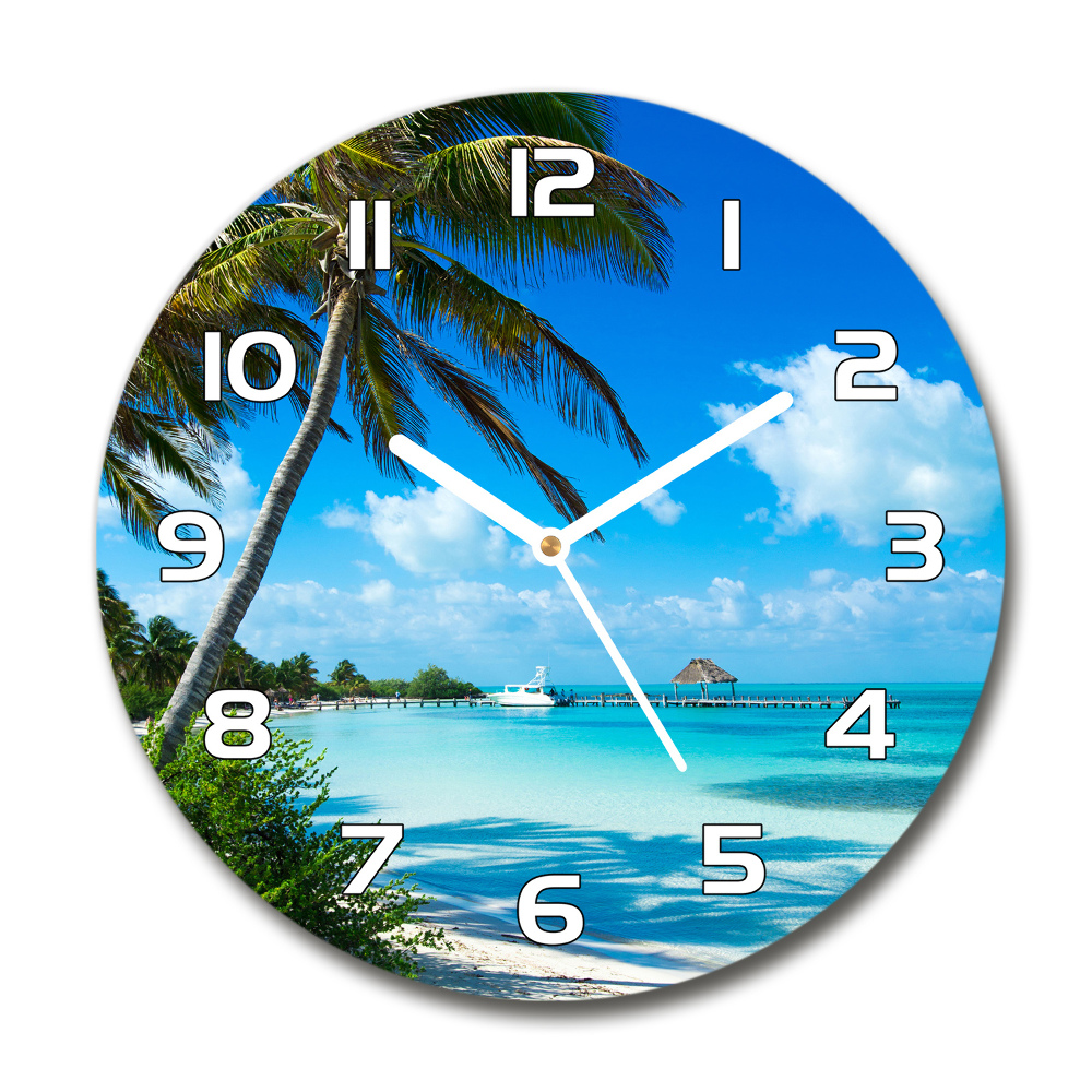 Round glass wall clock Tropical beach