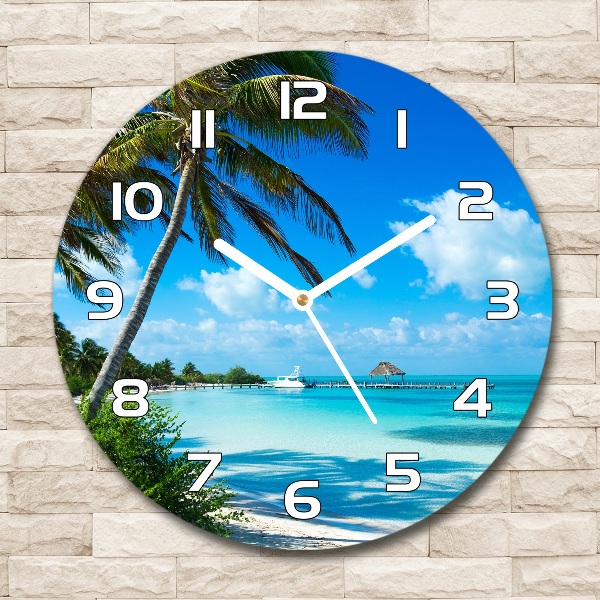 Round glass wall clock Tropical beach