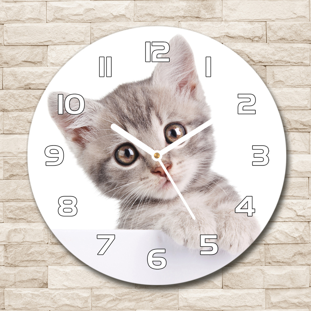 Round glass wall clock Gray cat