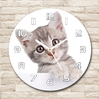 Round glass wall clock Gray cat