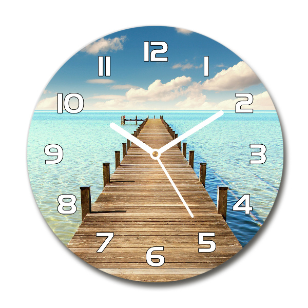 Round glass wall clock Wooden pier