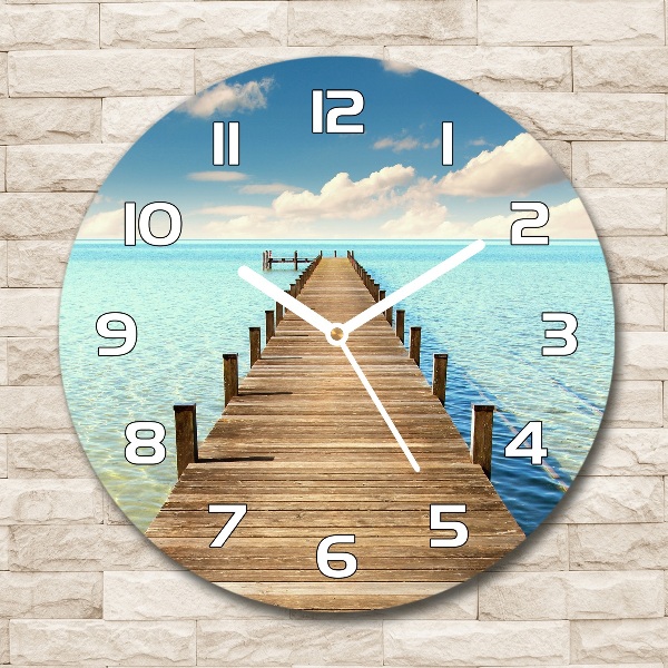 Round glass wall clock Wooden pier