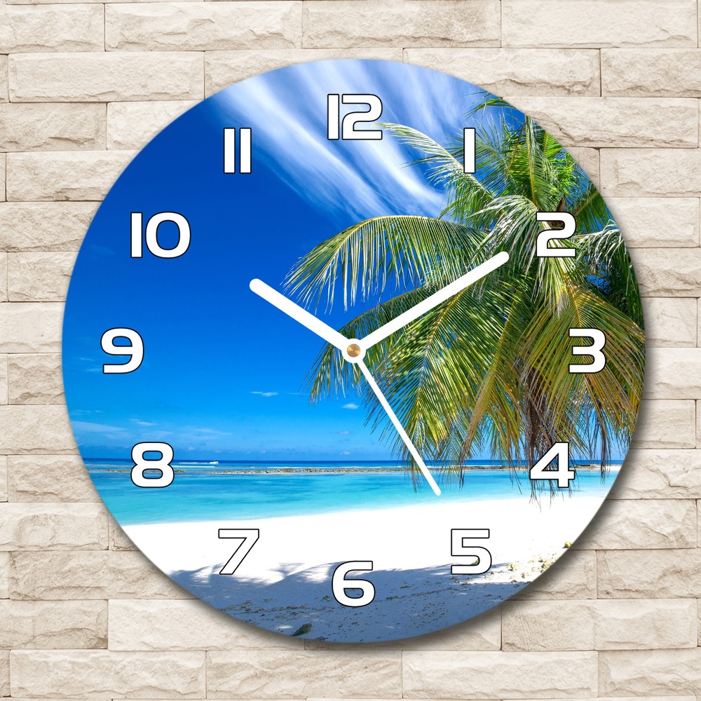 Round glass wall clock Tropical beach