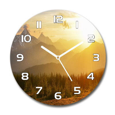 Round glass clock Sunset of the mountain