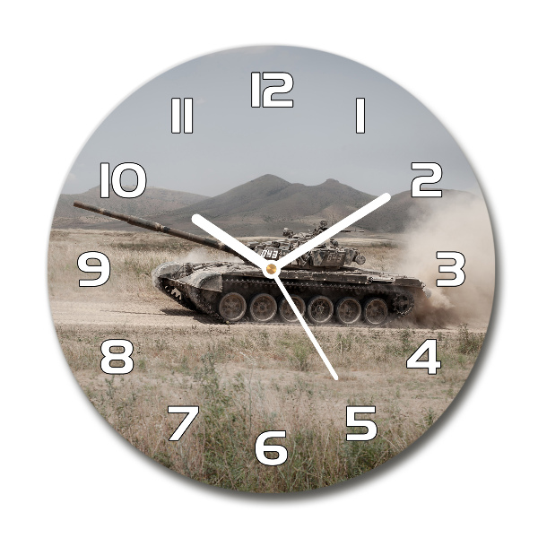 Round glass wall clock Tank in the desert