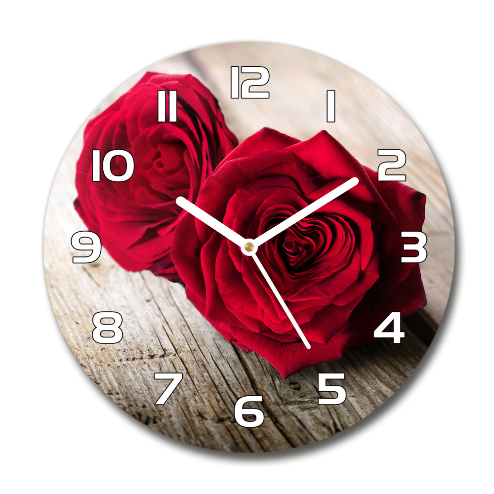 Round glass wall clock Roses on wood