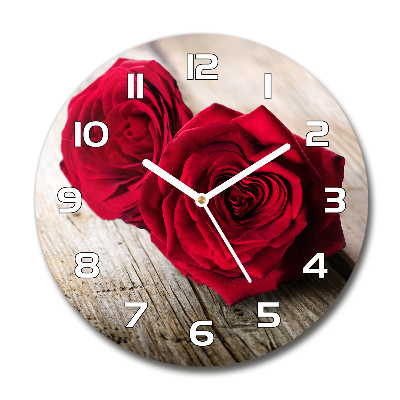 Round glass wall clock Roses on wood