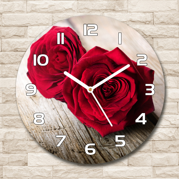 Round glass wall clock Roses on wood