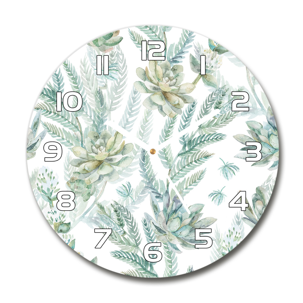 Round glass wall clock Flowers and leaves