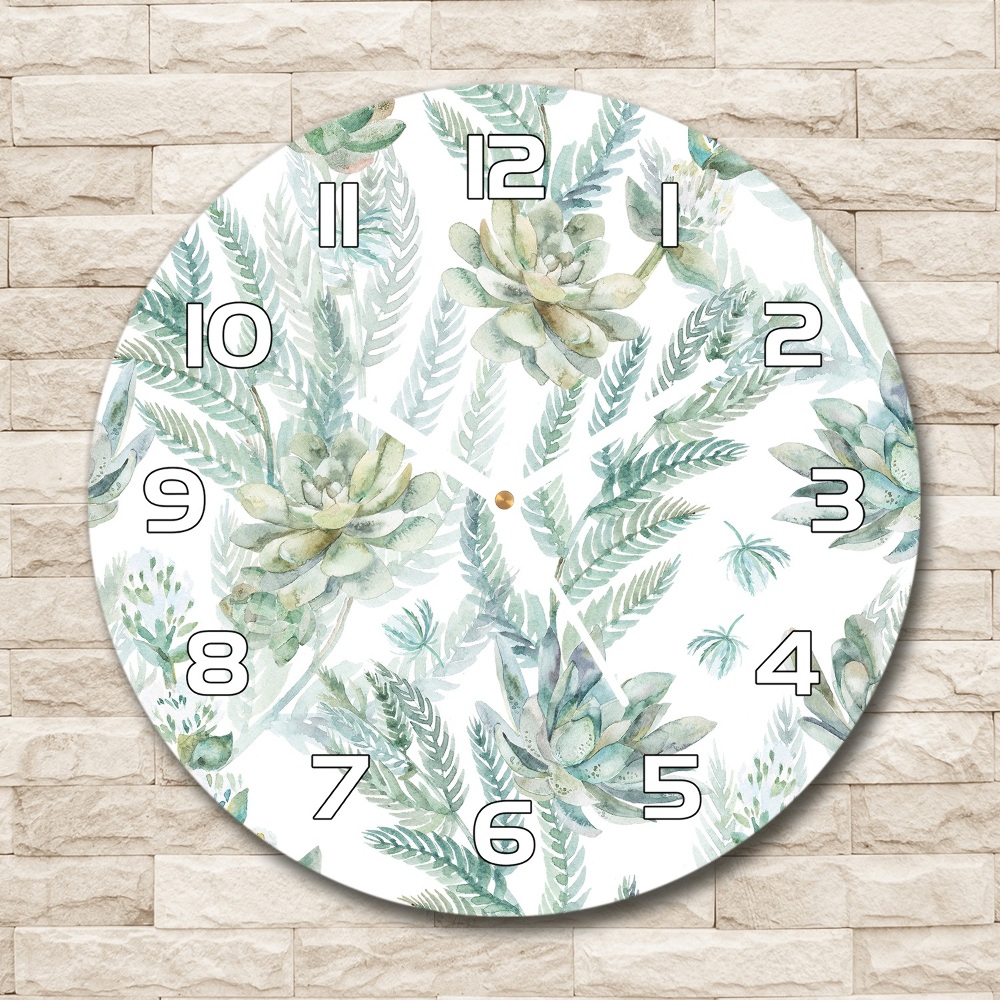 Round glass wall clock Flowers and leaves