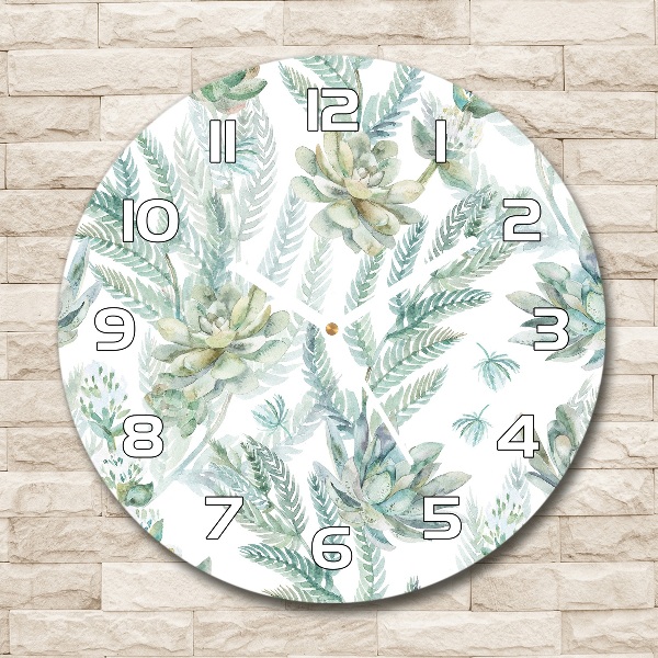 Round glass wall clock Flowers and leaves