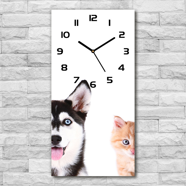 Vertical rectangular wall clock Dog and cat