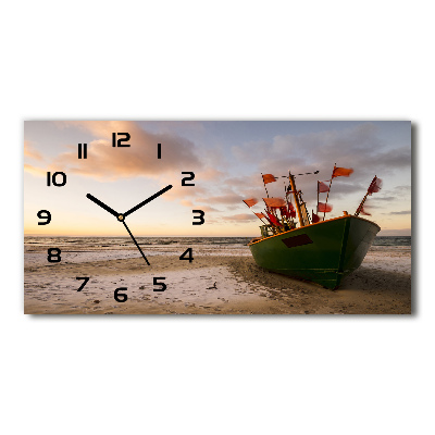 Horizontal rectangular wall clock Fishing boat beach