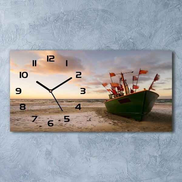 Horizontal rectangular wall clock Fishing boat beach