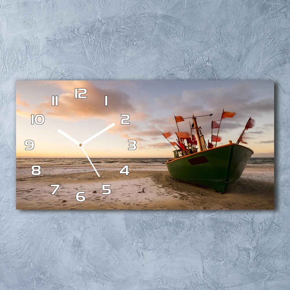 Horizontal rectangular wall clock Fishing boat beach