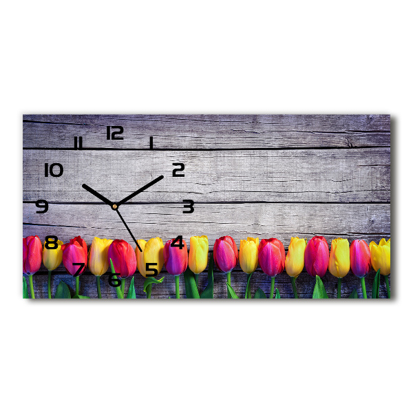 Horizontal wall clock Tulips on wood