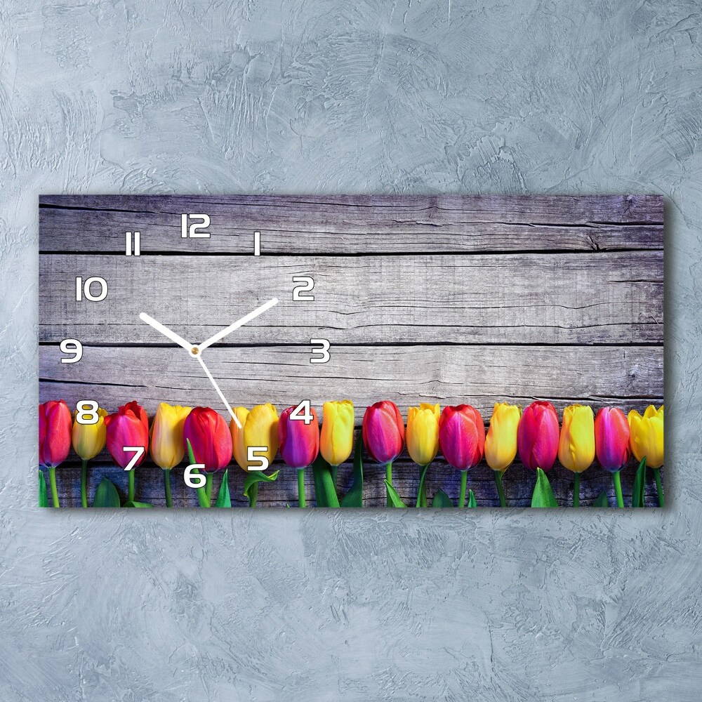 Horizontal wall clock Tulips on wood