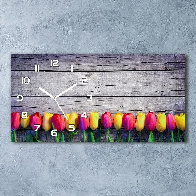 Horizontal wall clock Tulips on wood