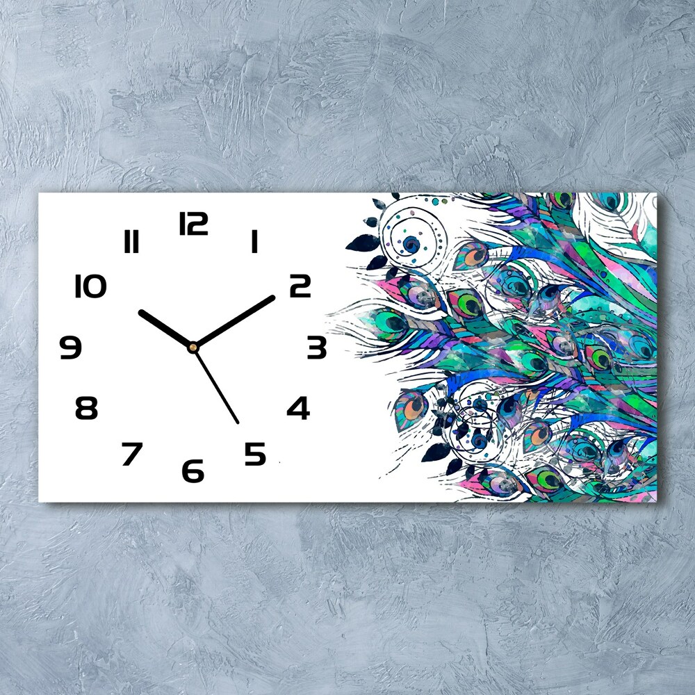 Horizontal wall clock Peacock feathers